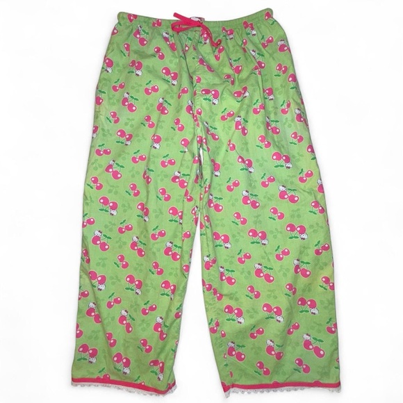 Vintage Y2K 2004 Hello Kitty Pink & Green Cherries Print capri pj pants Size L - Picture 1 of 8